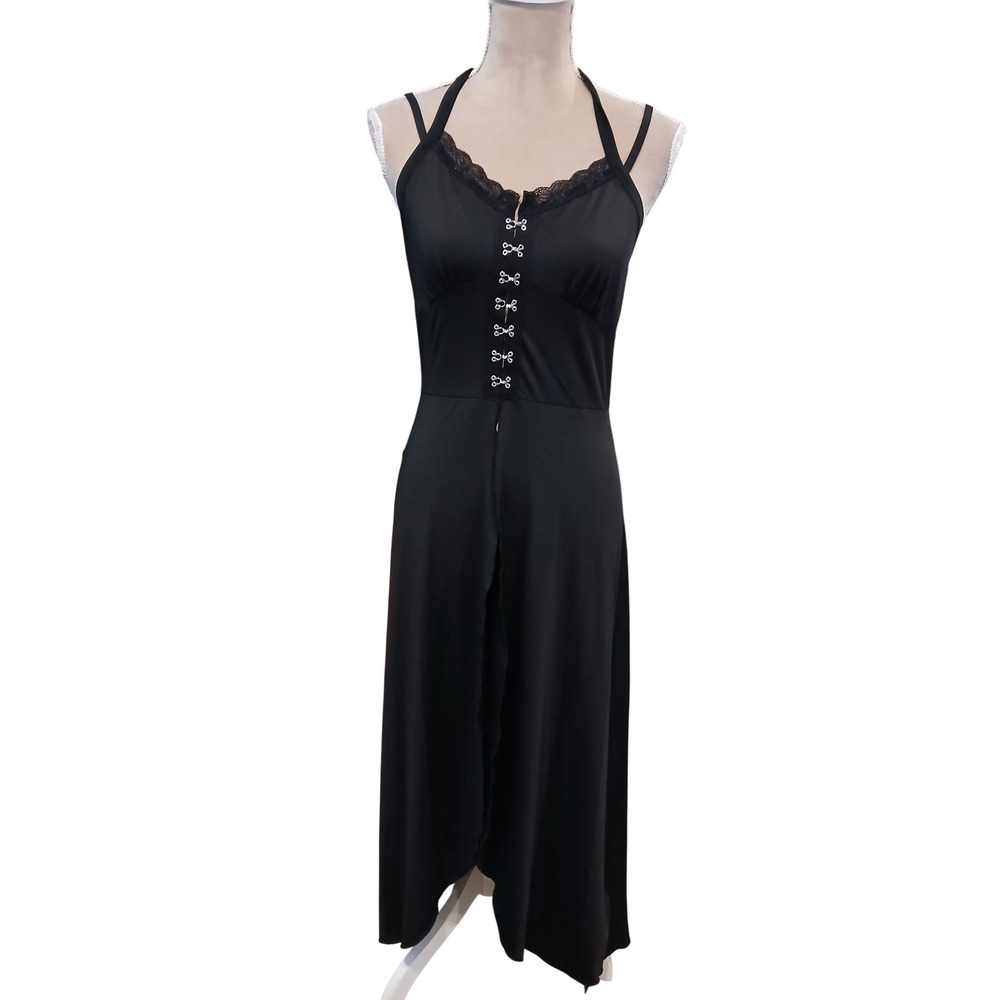 Black Hook and Eye Corset Lace Trim Halter Maxi Dress with Front Slit Alt Goth